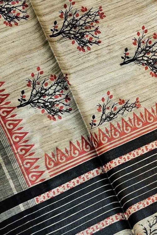 Pastel Bhagalpur Pure Ghicha Tussar Silk Block Printed Saree - Luxurion World