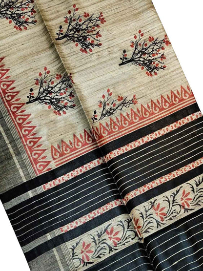 Pastel Bhagalpur Pure Ghicha Tussar Silk Block Printed Saree - Luxurion World