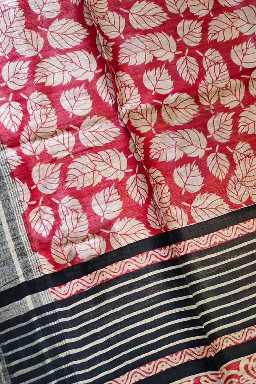 Red Bhagalpur Pure Ghicha Tussar Silk Block Printed Saree - Luxurion World