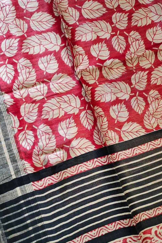 Red Bhagalpur Pure Ghicha Tussar Silk Block Printed Saree - Luxurion World