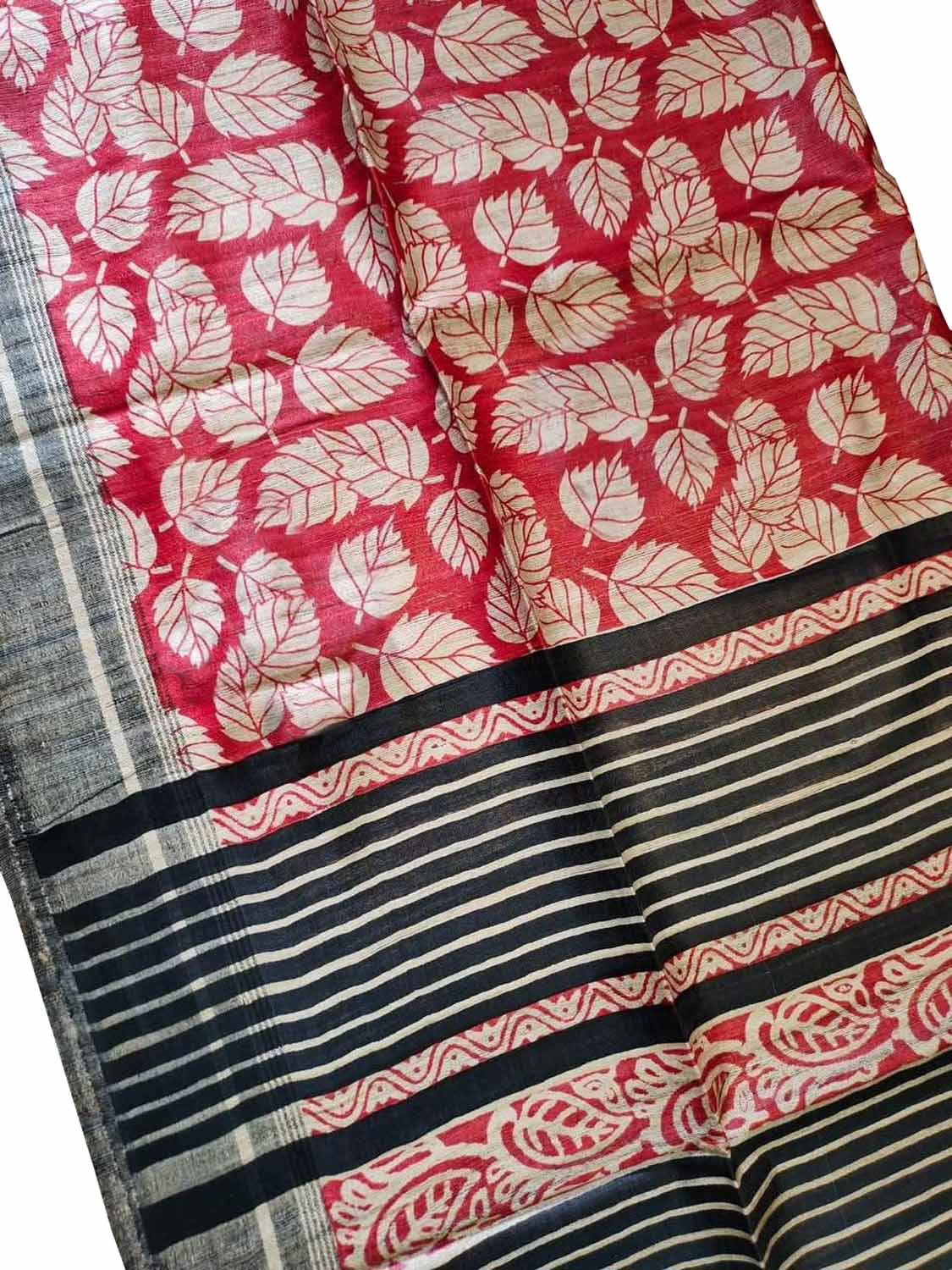 Red Bhagalpur Pure Ghicha Tussar Silk Block Printed Saree - Luxurion World