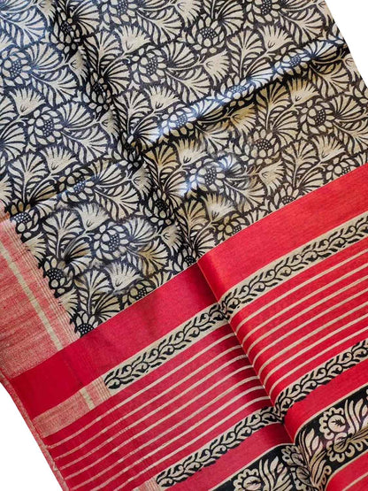 Elegant Off White Bhagalpur Pure Ghicha Tussar Silk Block Printed Saree - Luxurion World