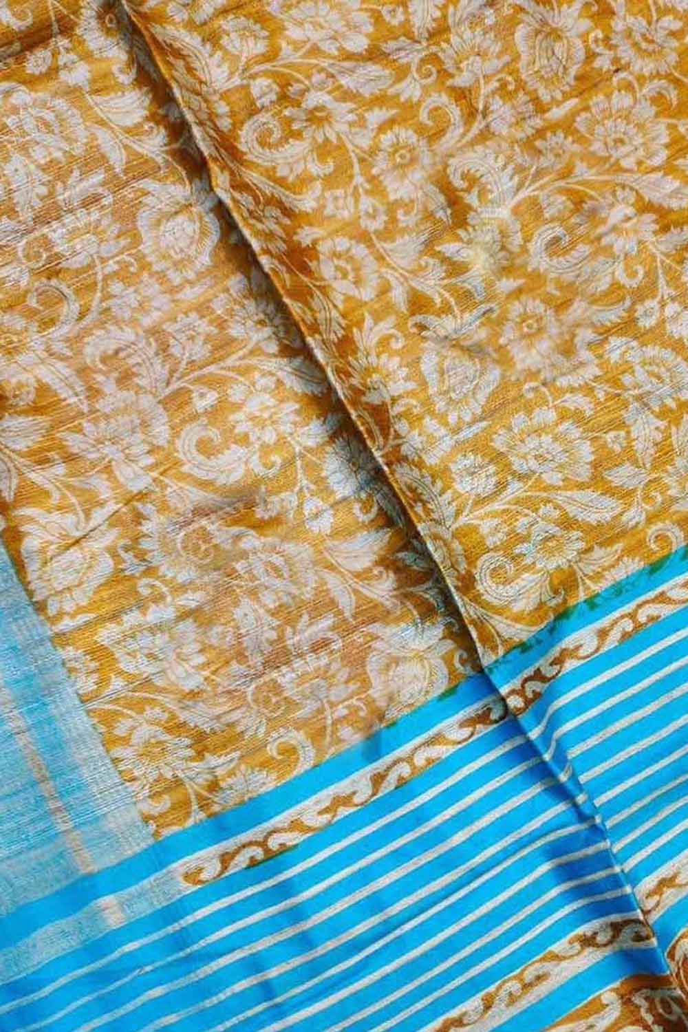 Yellow Bhagalpur Pure Ghicha Tussar Silk Block Printed Saree - Luxurion World