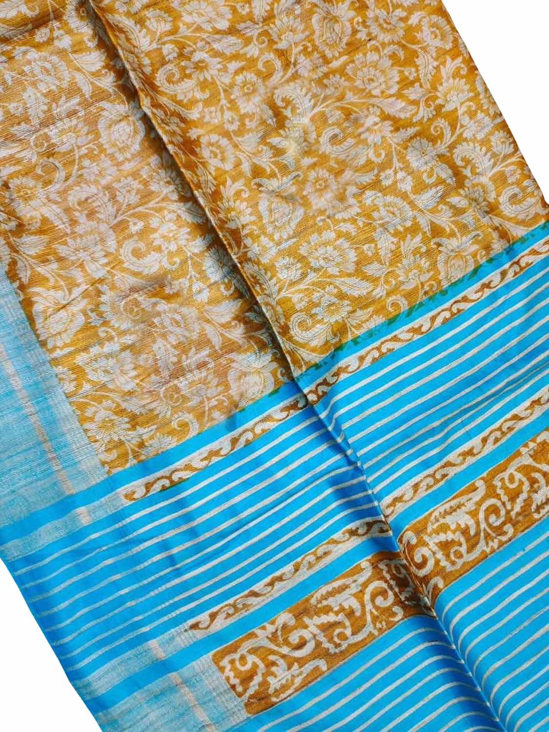 Yellow Bhagalpur Pure Ghicha Tussar Silk Block Printed Saree - Luxurion World