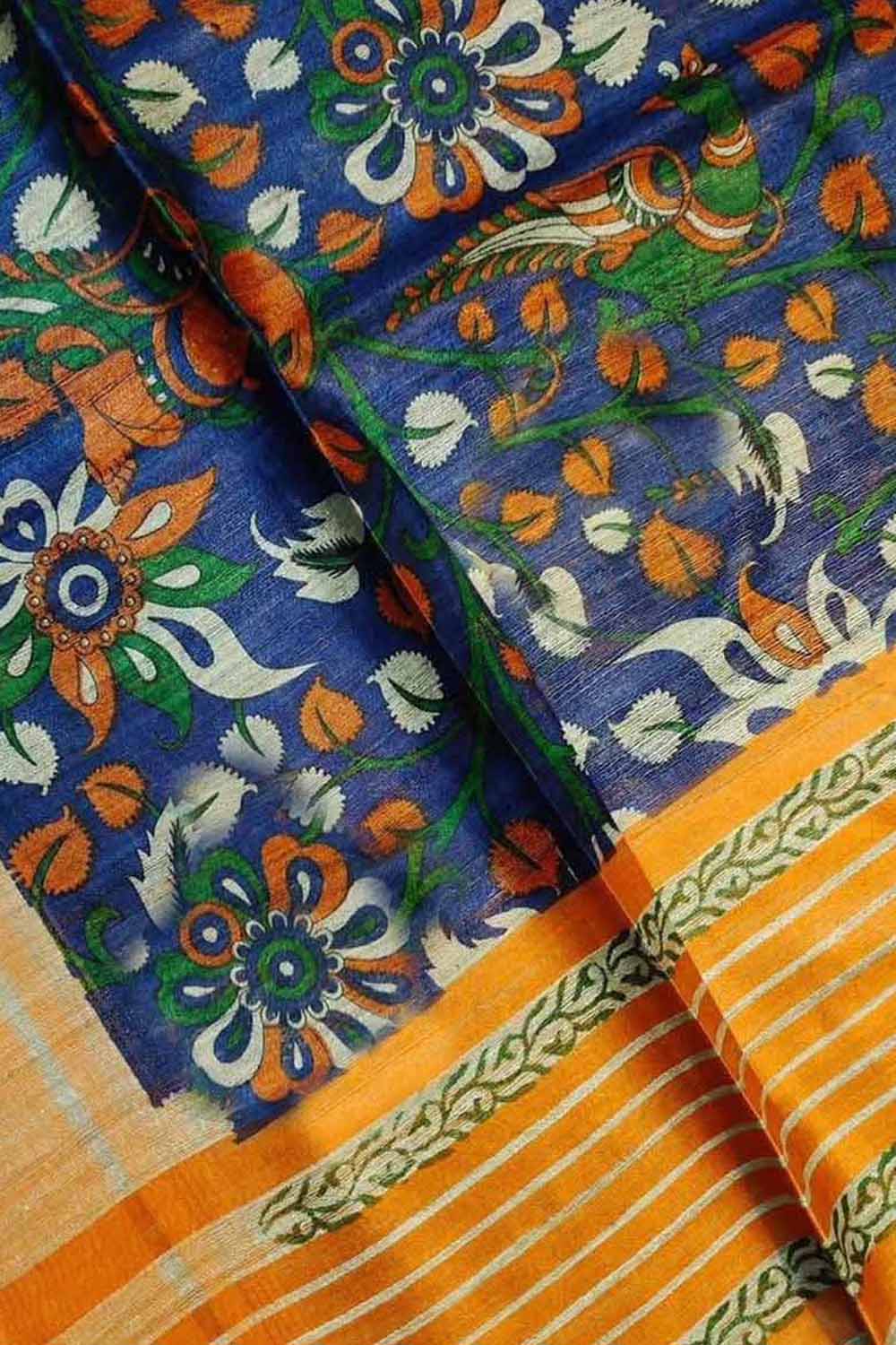 Blue Bhagalpur Pure Ghicha Tussar Silk Block Printed Saree - Luxurion World