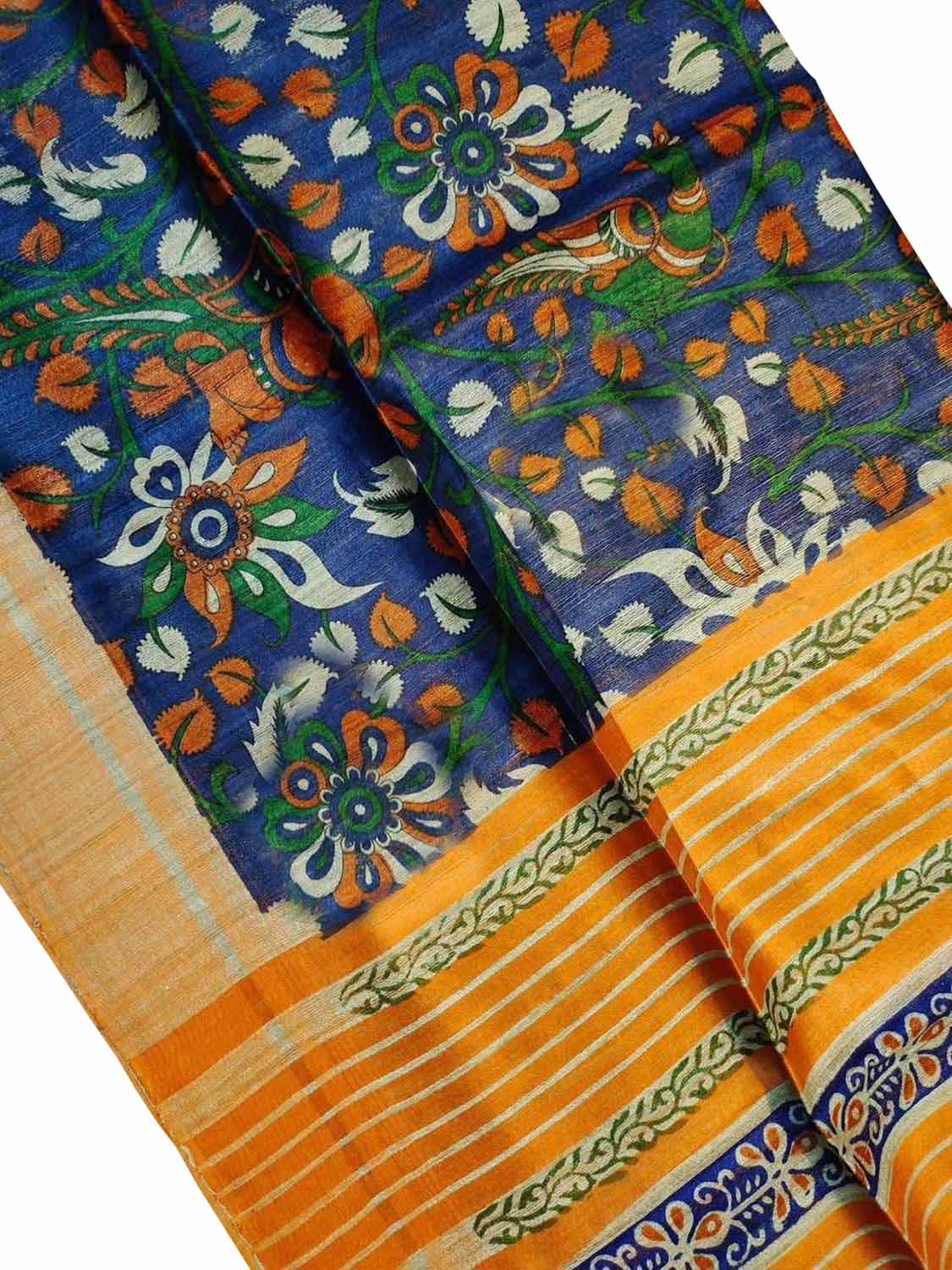 Blue Bhagalpur Pure Ghicha Tussar Silk Block Printed Saree - Luxurion World