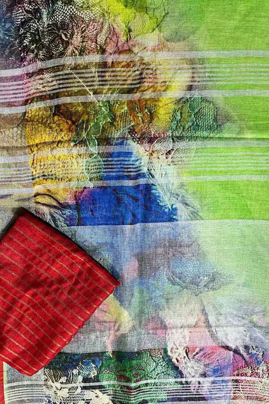 Multicolor Bhagalpur Pure Linen Digital Printed Saree - Luxurion World