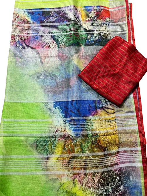 Multicolor Bhagalpur Pure Linen Digital Printed Saree - Luxurion World