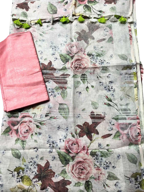 Multicolor Bhagalpur Pure Linen Digital Printed Saree - Luxurion World