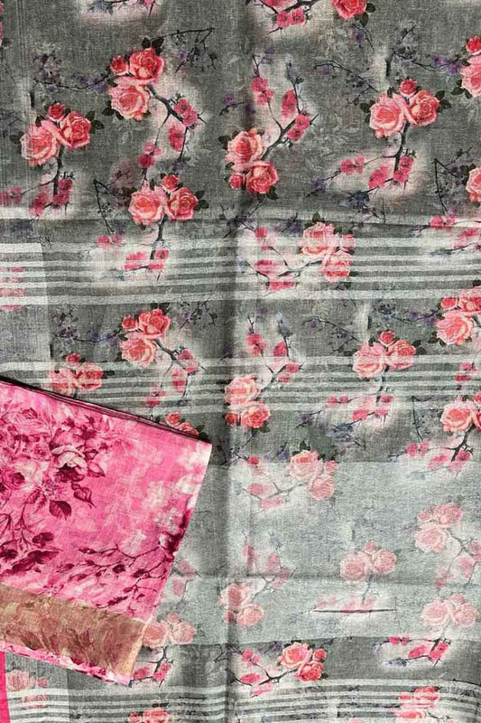 Multicolor Bhagalpur Pure Linen Digital Printed Saree - Luxurion World