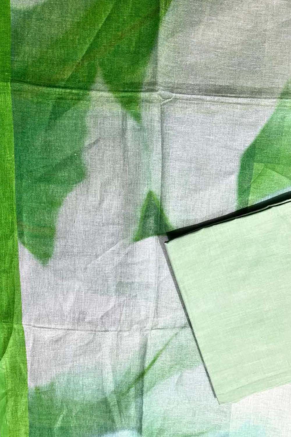 Stunning Green & White Bhagalpur Pure Linen Digital Printed Saree - Luxurion World