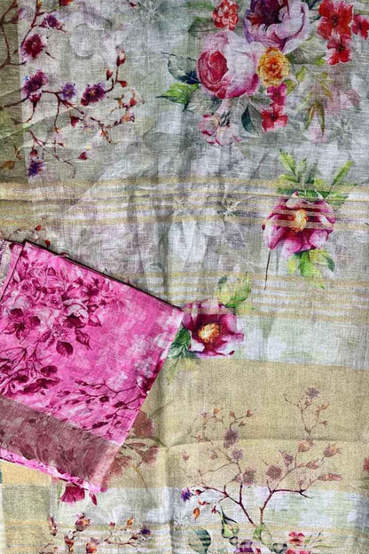 Multicolor Bhagalpur Pure Linen Digital Printed Saree - Luxurion World