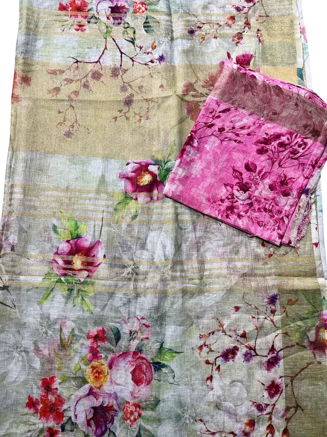 Multicolor Bhagalpur Pure Linen Digital Printed Saree - Luxurion World