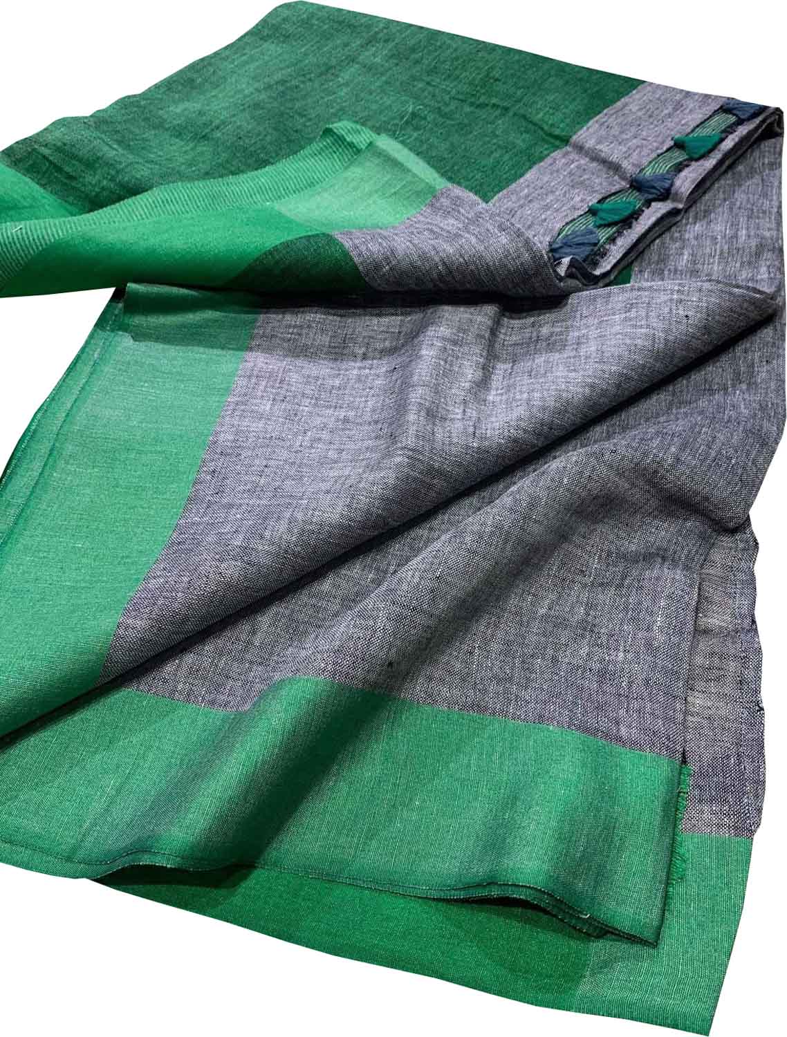Grey And Green Bhagalpur Pure Linen Saree - Luxurion World