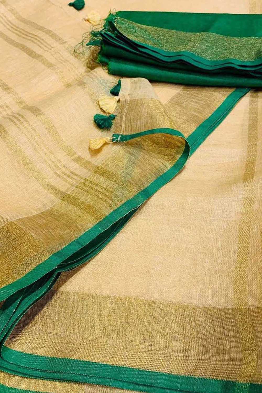 Pastel And Green Bhagalpur Pure Linen Saree - Luxurion World