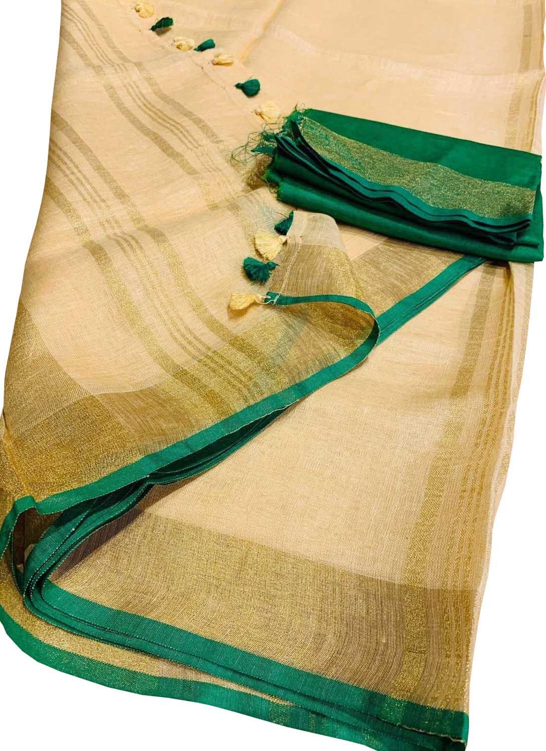 Pastel And Green Bhagalpur Pure Linen Saree - Luxurion World