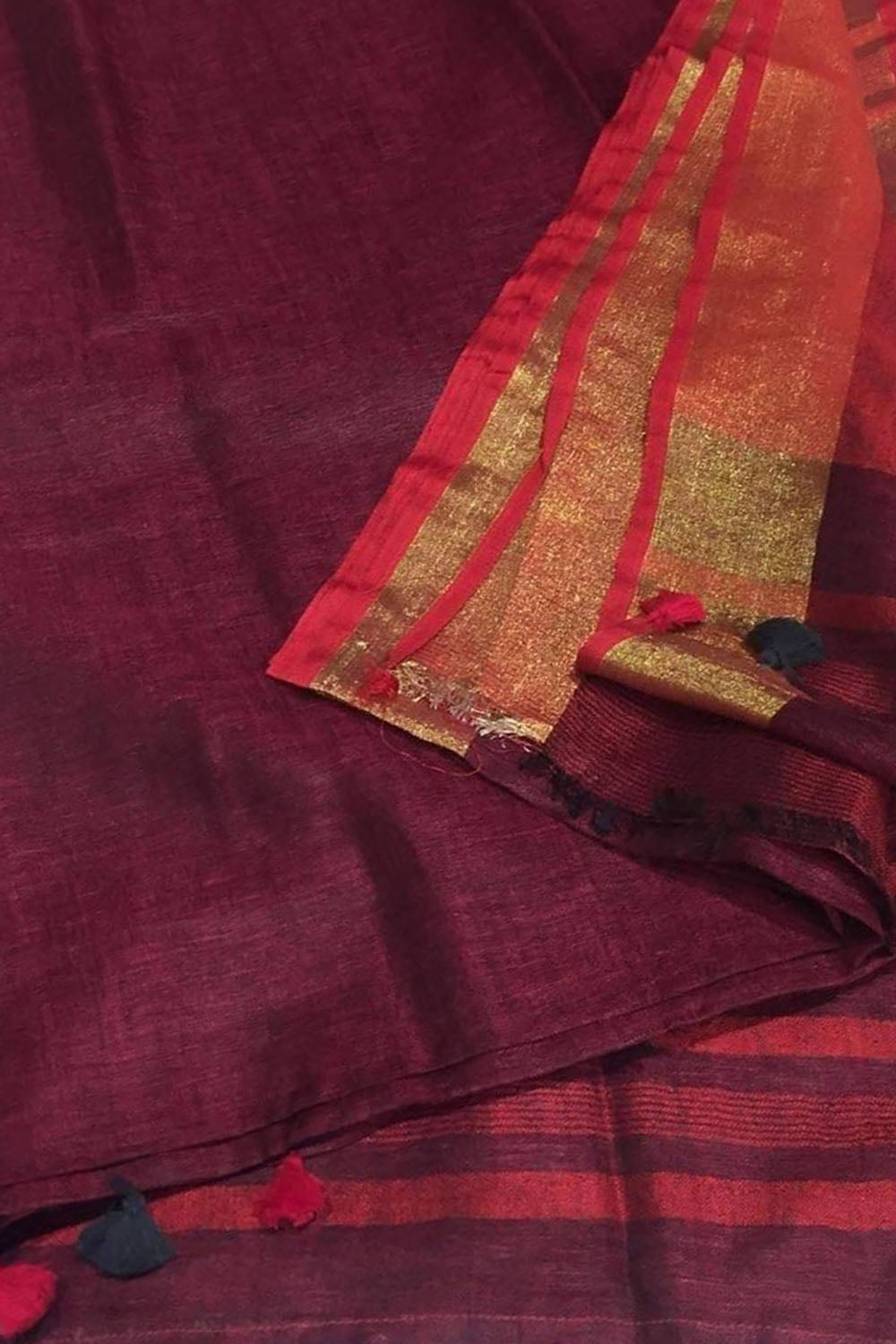Maroon Bhagalpur Pure Linen Saree - Luxurion World