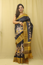 Elegant Black Block Printed Tussar Silk Saree Saree - Luxurion World