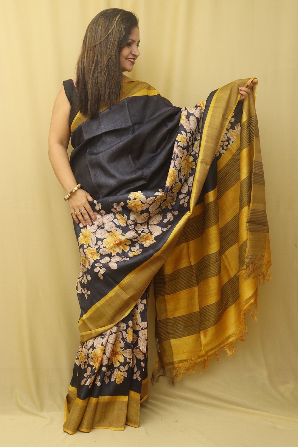Elegant Black Block Printed Tussar Silk Saree Saree - Luxurion World