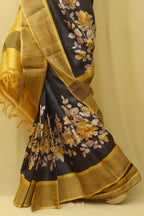 Elegant Black Block Printed Tussar Silk Saree Saree - Luxurion World