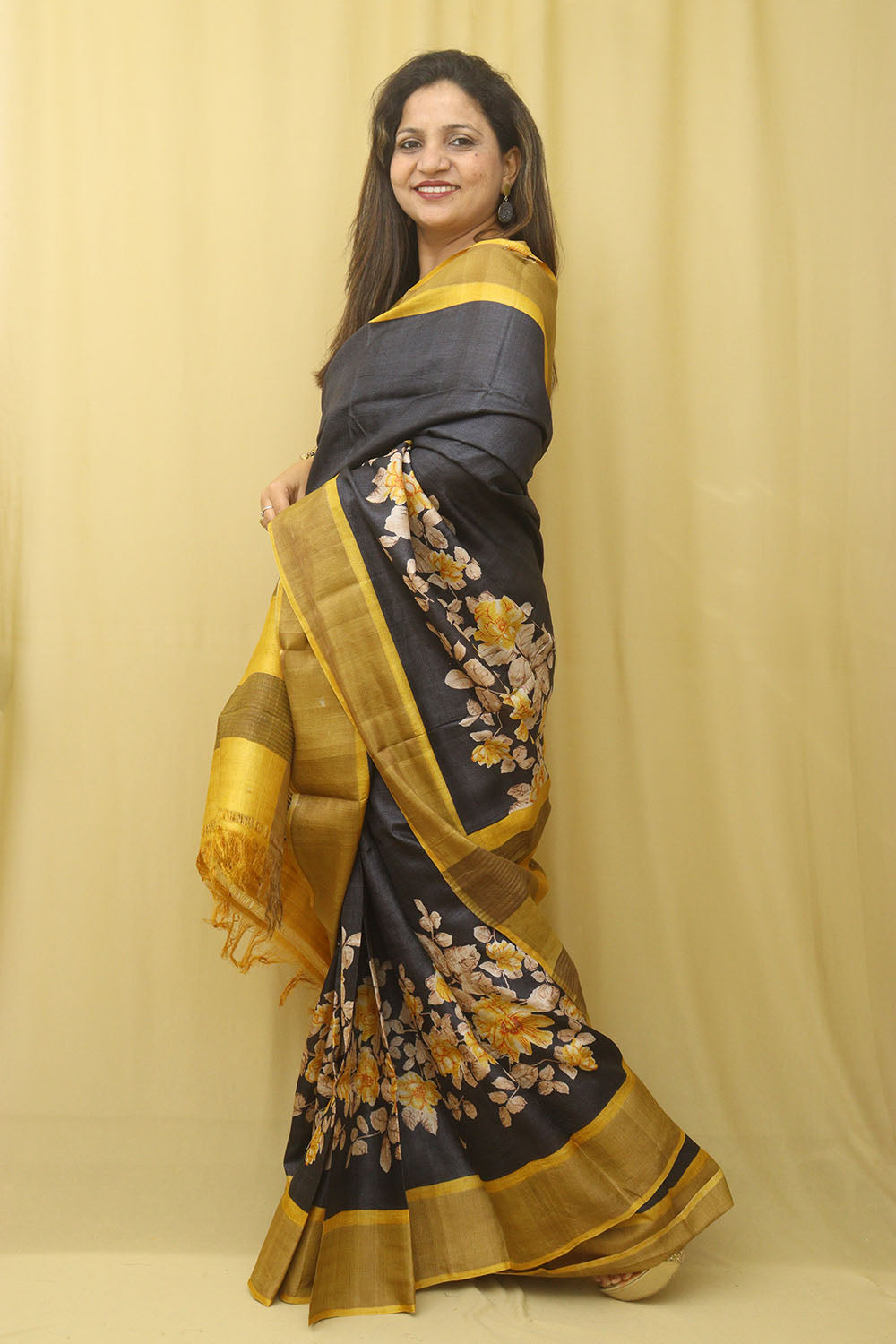 Elegant Black Block Printed Tussar Silk Saree Saree - Luxurion World