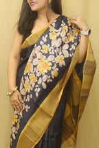 Elegant Black Block Printed Tussar Silk Saree Saree - Luxurion World