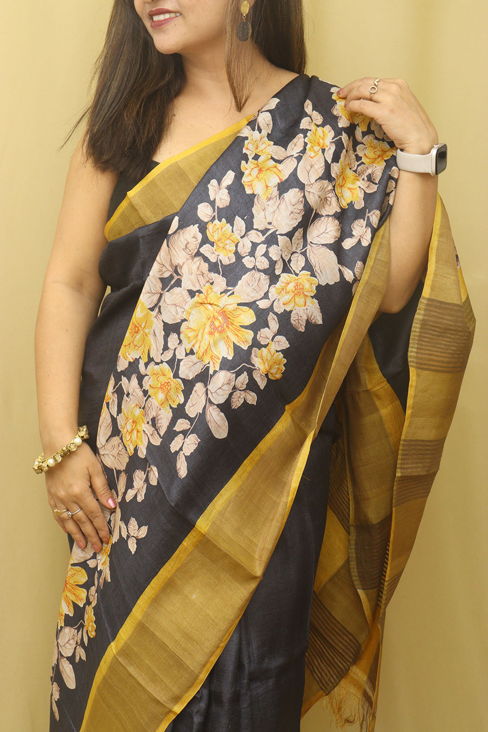 Elegant Black Block Printed Tussar Silk Saree Saree - Luxurion World