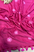 Beautiful Pink Bengal Khadi Cotton Embroidered Flower Design Saree - Luxurion World