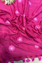 Beautiful Pink Bengal Khadi Cotton Embroidered Flower Design Saree - Luxurion World