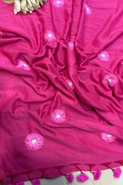 Beautiful Pink Bengal Khadi Cotton Embroidered Flower Design Saree - Luxurion World