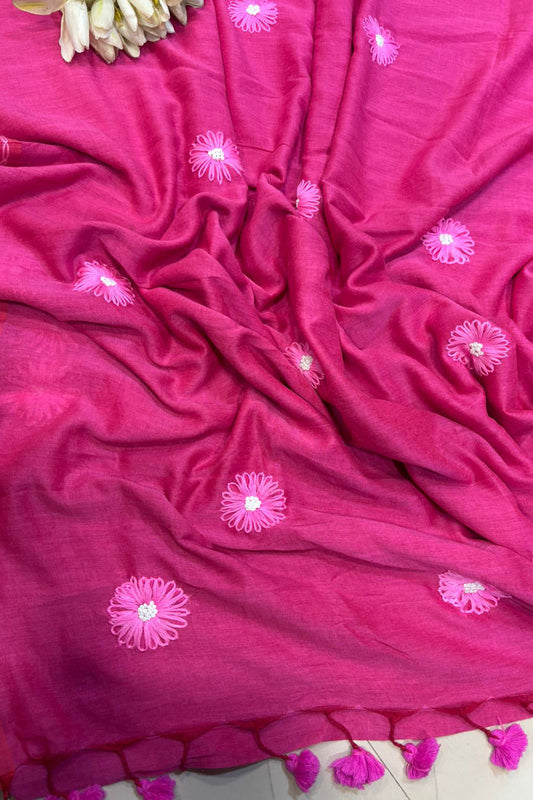 Beautiful Pink Bengal Khadi Cotton Embroidered Flower Design Saree - Luxurion World