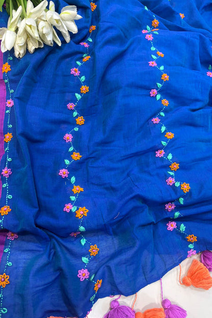 Blue Bengal Khadi Cotton Embroidered Flower Design Saree - Luxurion World
