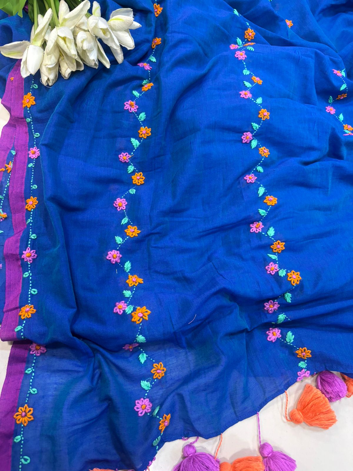 Blue Bengal Khadi Cotton Embroidered Flower Design Saree - Luxurion World