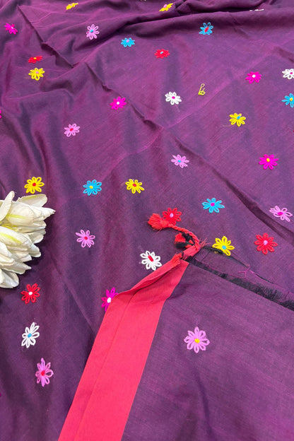 Exquisite Purple Bengal Khadi Cotton Embroidered Flower Design Saree - Luxurion World