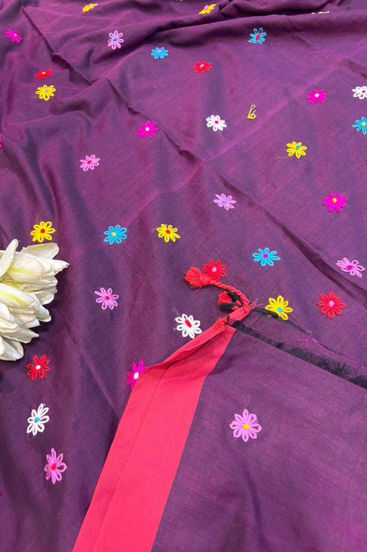 Exquisite Purple Bengal Khadi Cotton Embroidered Flower Design Saree - Luxurion World