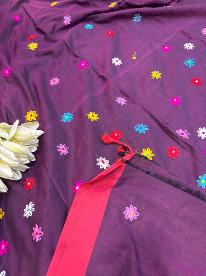 Exquisite Purple Bengal Khadi Cotton Embroidered Flower Design Saree - Luxurion World