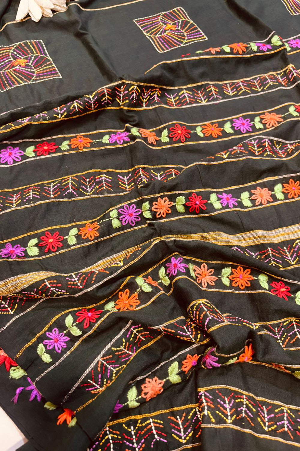 Exquisite Black Bengal Khadi Cotton Embroidered Flower Design Saree - Luxurion World