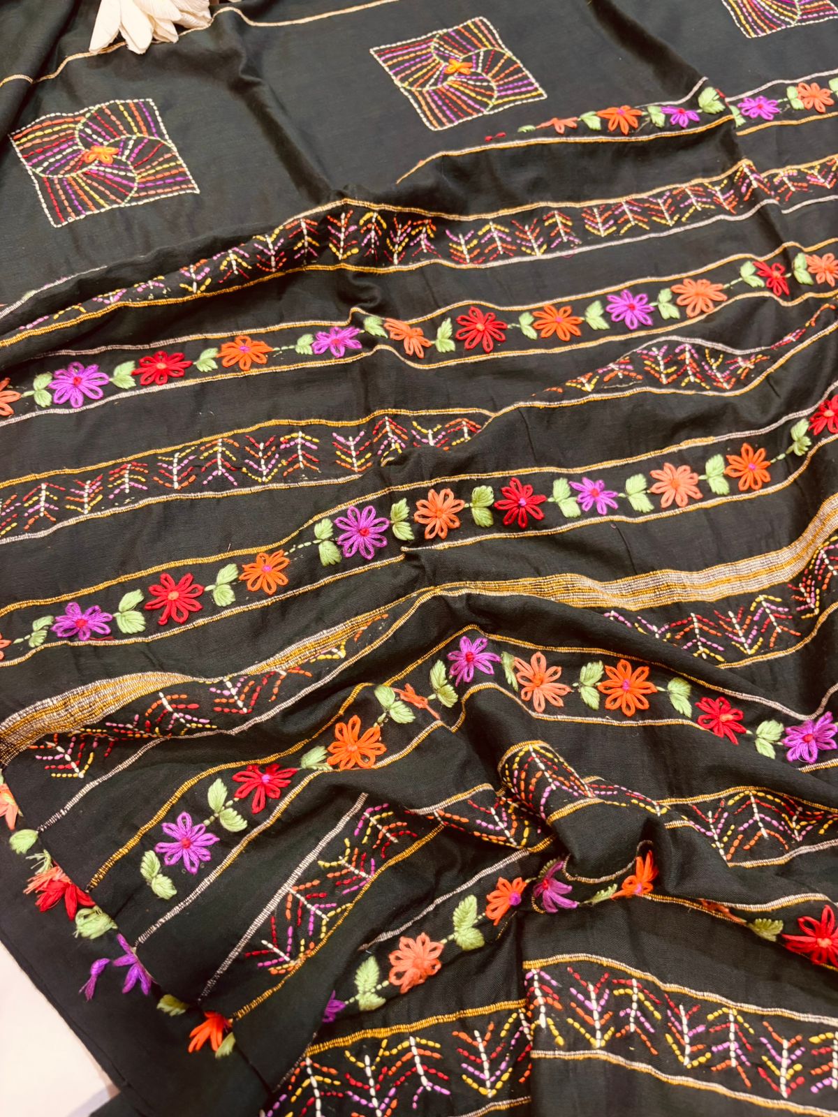 Exquisite Black Bengal Khadi Cotton Embroidered Flower Design Saree - Luxurion World