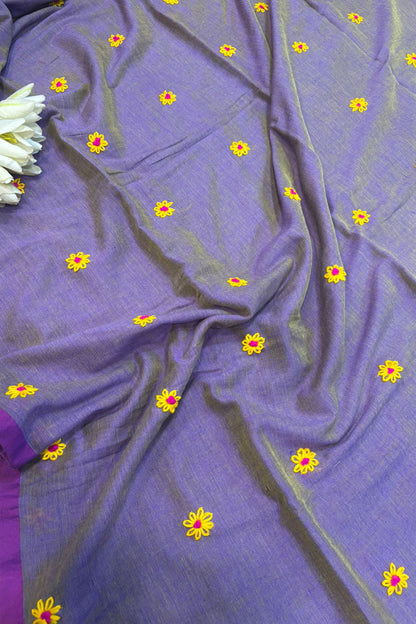 Elegant Purple Bengal Khadi Cotton Embroidered Flower Design Saree - Luxurion World