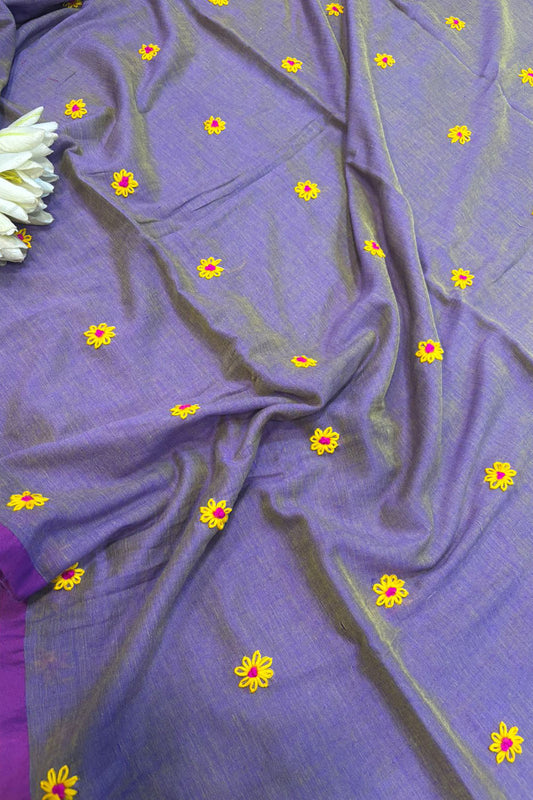 Elegant Purple Bengal Khadi Cotton Embroidered Flower Design Saree - Luxurion World