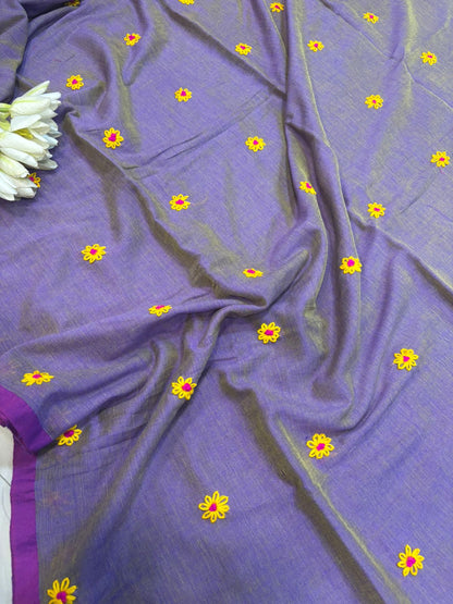 Elegant Purple Bengal Khadi Cotton Embroidered Flower Design Saree - Luxurion World