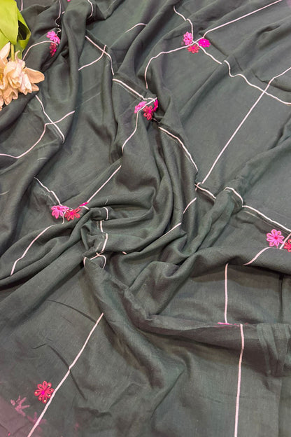 Elegant Grey Bengal Khadi Cotton Embroidered Flower Design Saree - Luxurion World