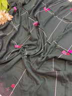Elegant Grey Bengal Khadi Cotton Embroidered Flower Design Saree - Luxurion World