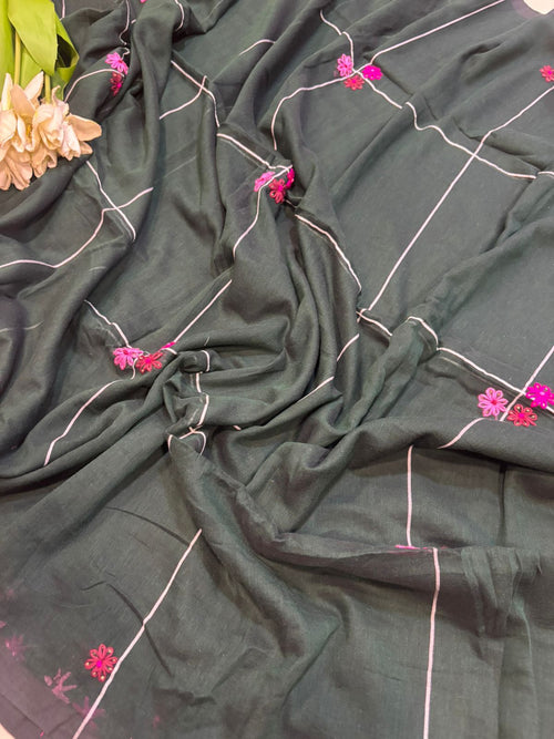 Elegant Grey Bengal Khadi Cotton Embroidered Flower Design Saree - Luxurion World