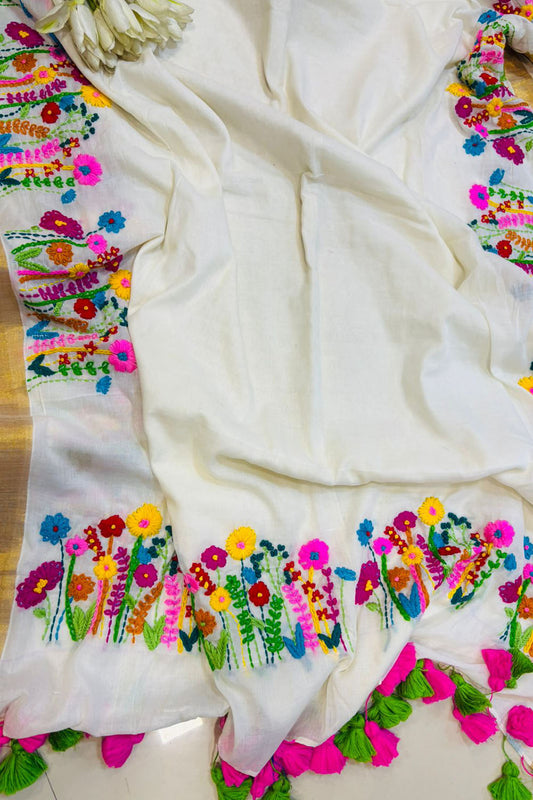 Stunning White Bengal Khadi Cotton Embroidered Flower Design Saree - Luxurion World