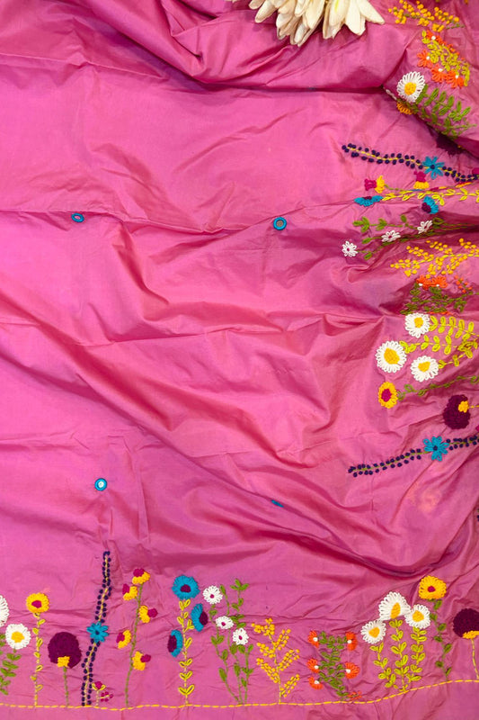 Beautiful Pink Bengal Khadi Cotton Embroidered Flower Design Saree - Luxurion World