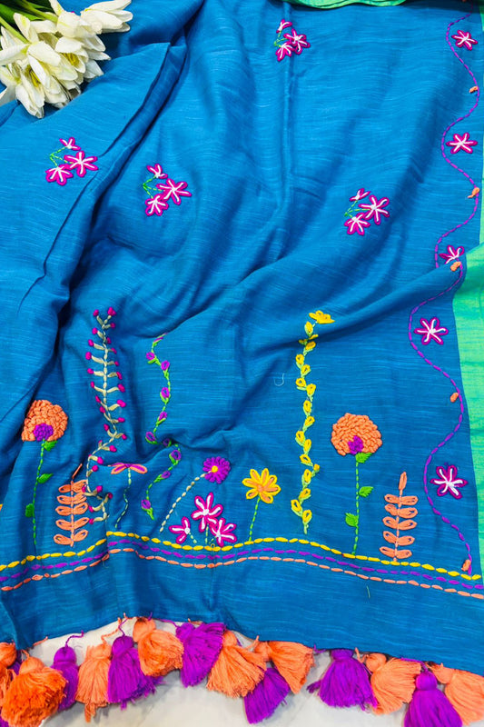 Blue Bengal Khadi Cotton Embroidered Flower Design Saree - Luxurion World