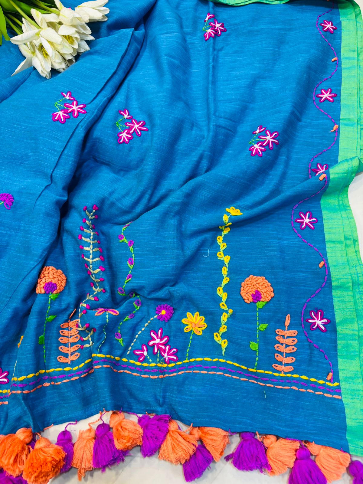 Blue Bengal Khadi Cotton Embroidered Flower Design Saree - Luxurion World