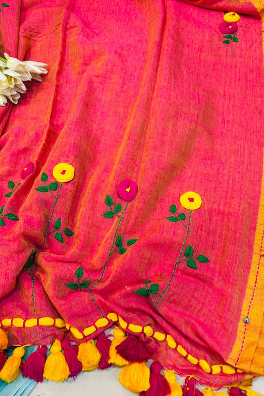 Beautiful Pink Bengal Khadi Cotton Embroidered Flower Design Saree - Luxurion World