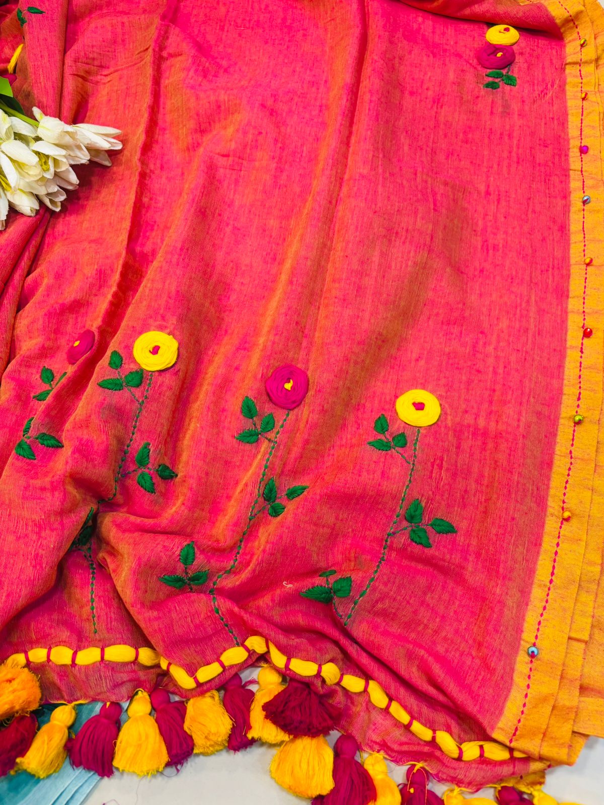 Beautiful Pink Bengal Khadi Cotton Embroidered Flower Design Saree - Luxurion World